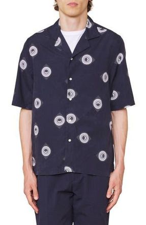 Officine G&eacute;n&eacute;rale Eren Sun & Moon Print Short Sleeve Button-Up Shirt in Night Sky/Ecru at Nordstrom Rack, Size Medium