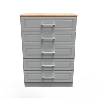 Welcome Furniture Kingston Ready Assembled Chest of Drawers with 5 Drawers - Dust Grey & Bardolino Oak - Welcome Furniture | TJ Hughes