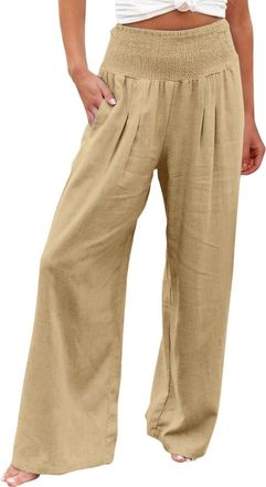 Generic Cotton Wide Leg Trousers Women High Waisted Wide Leg Linen Trousers for Women UK Cotton Loose Fit Pants Casual Palazzo Elasticated Waist Straight Leg 