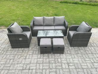 Fimous 7 Seater Outdoor Garden Furniture Sets Wicker Rattan Furniture Sofa Sets with Rectangular Coffee Table Reclining Chair in Dark Grey