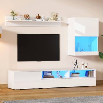 Merax White High Gloss TV Wall Unit Set with LED, Modern Media Wall Unit