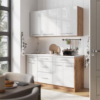Vicco Cocina Para Solteros Fame-line, Blanco Alto Brillo/roble Dorado, 150 Cm, Et Antracita, Vicco