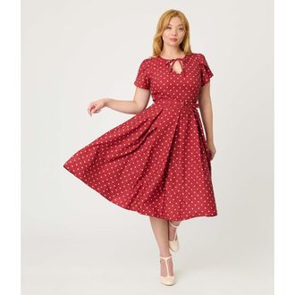 Unique Vintage Short Petal Sleeve Tie Neck Dahlia Swing Dress in Red & Ivory Dot at Nordstrom, Size Small