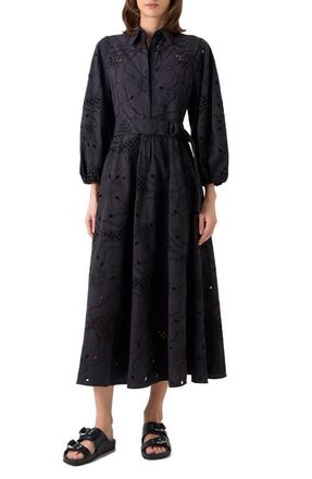 Akris Floral Embroidered Eyelet Cotton Poplin Shirtdress in Black at Nordstrom, Size 12