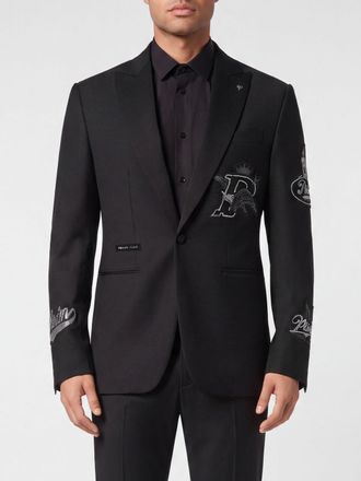 Philipp Plein Blazer monopetto in misto lana con rever a lancia e patch logo