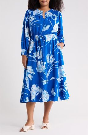 Sugarlips Amanlia Floral Keila Long Sleeve Smocked Yoke Midi Dress in Blue-White at Nordstrom, Size 3X