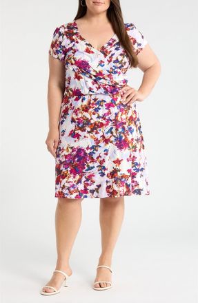 Loveappella Print Faux Wrap Dress in Fuchsia/Violet at Nordstrom, Size 2X