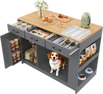 STILVORA Carro De Cocina Con 3 Cajones, Especiero, Estante Ajustable Y Hueco Para Mascota, En Mdf, 120x60x90 Cm, Gris Y Natural