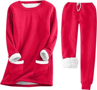 Generic cosy pjs for women sets womens sexy pyjamas set Pyjamas for Women 2 Piece Pyjamas Sets Warm Soft Fleece Pajamas With Pockets Winter Long Sleeve Crewne