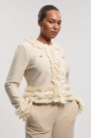 Karen Millen Womens Plus Size Figure Form Bandage Knit Jacket With Woven Ruffle Trim - Natural - Size 18 UK