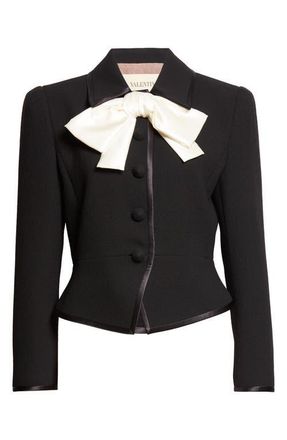 Valentino Bow Front Virgin Wool Crepe Crop Jacket in Black at Nordstrom, Size 6 Us