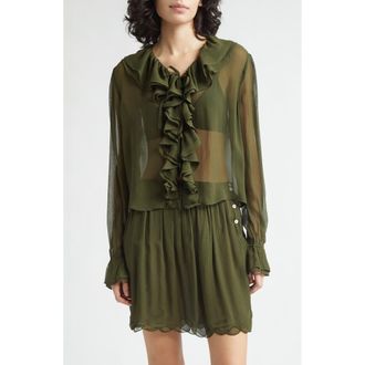 Bode Flounce Ruffle Silk Top in Olive at Nordstrom, Size X-Large