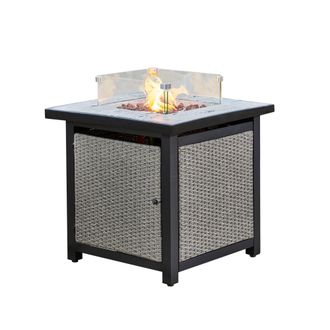 Teamson Home Mesa Y Brasero De Gas Propano En Rat&aacute;n Para Jard&iacute;n, Quemador Para Exteriores, Hoguera Sin Humo, Calentador De Muebles De Patio Con Pantalla De Vidrio,