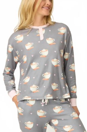 PJ Salvage Womens Love You A Latte Coffee Print Long Sleeve Top In Charcoal