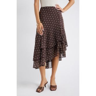 Open Edit Layered Asymmetric Chiffon Midi Skirt in Brown Bea Dot at Nordstrom Rack, Size Medium