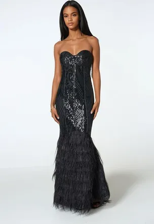 Bebe Sequin Feather Gown in Black at Nordstrom, Size X-Small