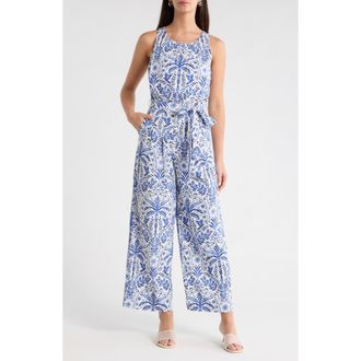 Sugarlips Romina Tropical Jora Belted Jumpsuit in White Blue-Multi at Nordstrom, Size X-Small
