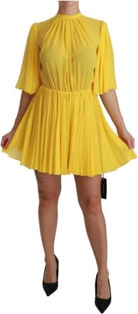 Dolce & Gabbana Gele Zijden Geplooide A-lijn Mini Jurk - Dames - Korte kleedjes - Geel - S - Kleedjes