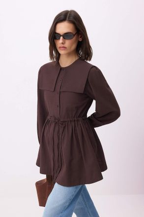 Trendyol Modest Dames Bruin Effen Lang Getailleerd Modest Overhemden