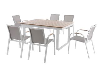 Vente-Unique Comedor de jard&iacute;n de aluminio: mesa extensible de aluminio L.155/246 cm y 6 sillones - Natural claro y blanco - SERUNO de MYLIA