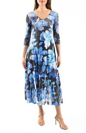 Komarov Lace Sleeve Charmeuse & Chiffon Cocktail Dress in Cyan Blooms at Nordstrom Rack, Size Large