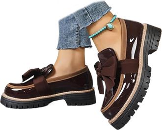 Generic Womens Patent Bowknot Thick Sole Loafers - Platform Round Toe Slip-On Shoes, Chunky Heel Non-Slip Loafers for Women for Office Business Work Everyday 
