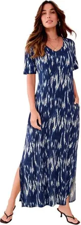 Roaman's Plus Size Stretch Knit Short Sleeve Maxi Dress With Side Slit Detail in Evening Blue Textured Ikat at Nordstrom, Size 44