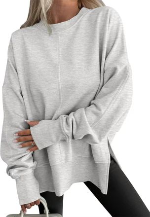 Generic Oversized Sweatshirt for Women Side Slit Fleece Pullover, Womens Comfy Loose Trendy Crewneck Sweatshirts, Long Sleeve Thumb Hole Hoodies Sweater Tunic