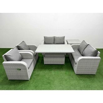 Fimous 6 Seater Outdoor Reclining Chair Love Sofa Set Rattan Garden Furniture Set with Adjustable Lifting Dining or Coffee Table 2 Side Tables Light Grey
