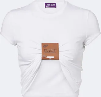 Jean Paul Gaultier Leather-trimmed cropped T-shirt