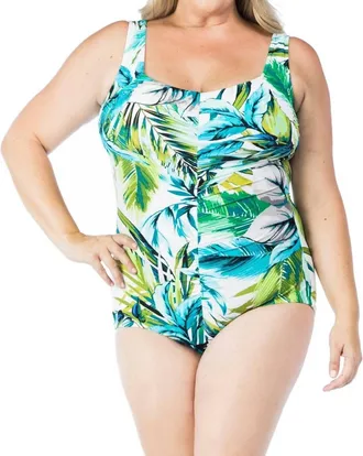 Maxine Of Hollywood Palm Beach Plus Shirred Front Girl Leg One Piece Swimsuit In Teal