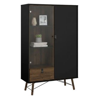 Dmora Vitrina Mora, Aparador De Exposici&oacute;n, Vitrina Multiusos, Aparador De Sal&oacute;n, 102x40 H162 Cm, Negro Y Nogal - Dmora