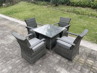 Fimous Rattan Garden Furniture Dining Set Table & Chairs PE Wicker Patio Outdoor 4 Chairs Plus Square Table in Dark Grey
