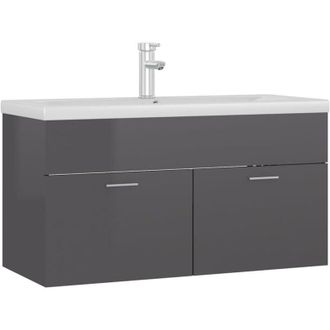vidaXL Sink Cabinet with Built-in Basin High Gloss Grey Engineered Wood vidaXL