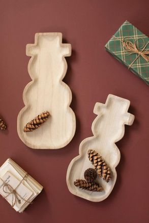 Kalalou Set Of Two Carved Wood Snowmen Trays