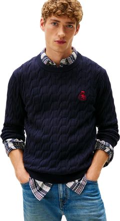 Tommy Hilfiger Mens Crest Cable Knit Crewneck Sweater Lightweight Pullover, Desert Sky, Large