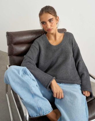 Topshop maglione lavorato a maglia con scollo rotondo in antracite-Grigio