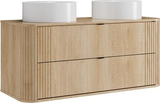 Vente-Unique Mueble de ba&ntilde;o suspendido con doble lavabo redondo sobre encimera - Natural claro - An. 120 cm - FILOR