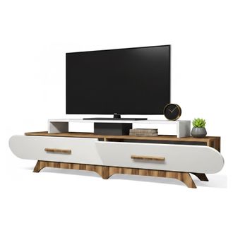 Dmora Dmora - Mueble De Televisi&oacute;n Phec, Aparador De Sal&oacute;n, Mueble Bajo Para Tv, Base De Pared Equipada, 205x37h50 Cm, Nogal Y Blanco, Con Embalaje Reforzad