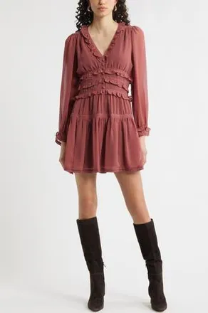 Chelsea28 Long Sleeve Ruffle Trim Minidress in Red Jelly at Nordstrom Rack, Size Xx-Small