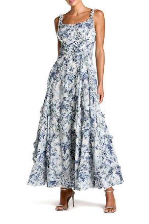 Mac Duggal Ruffle Scoop Neck Floral A-Line Dress in Blue Multi at Nordstrom, Size 12