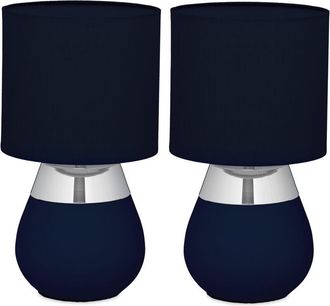 Relaxdays L&aacute;mpara De Mesa, Set 2, Base Metal, Pantalla Tela, E14, 32x18 Cm, Lamparita Noche Con Cable, Azul/plateado - Relaxdays