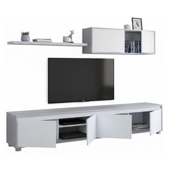 Dmora Dmora - Mueble Tv Para Sal&oacute;n Con Cuatro Puertas, Con Mueble Alto Y Balda, Color Cemento Y Blanco Artik, Medidas Mueble Tv 200 X 43 X 41 Cm Mueble Tv 1
