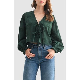 All in Favor Flower Appliqué Tie Front Cotton Top in Hunter Green at Nordstrom, Size X-Small