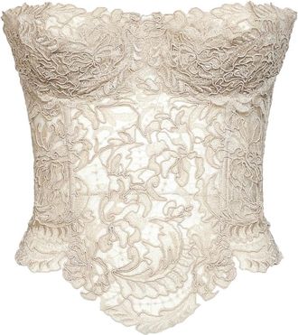 Ermanno Scervino Gestructureerde Rebrod&eacute; kanten bustier top - Dames - Tops zonder mouwen - Beige - M - Katoen - Tops