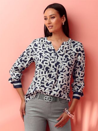 Heine Druckbluse HEINE, Damen, Gr. 34, blau (marine, ecru, bedruckt), 100% Viskose, bedruckt, gemustert, mehrfarbig, Rundhals, Blusen Druckbluse