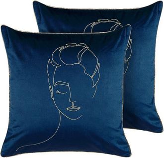 Beliani Beliani - Conjunto De 2 Cojines De Terciopelo Azul Dorado 45 X 45 Cm Patr&oacute;n De Cara Crocus