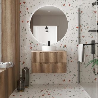 Aurlane Mueble De Ba&ntilde;o 80cm Madera - Cajones Ondulados - Lavabo Redondo &Oslash;36cm