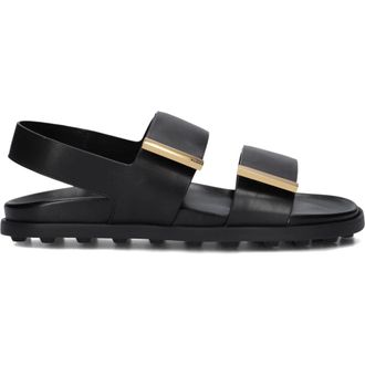 Tod's Tods, Flat Sandals, female, Black, Size: 9 US Black Leather Flat Sandals with Straps