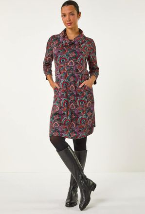 Roman Abstract Cowl Tab Detail Dress